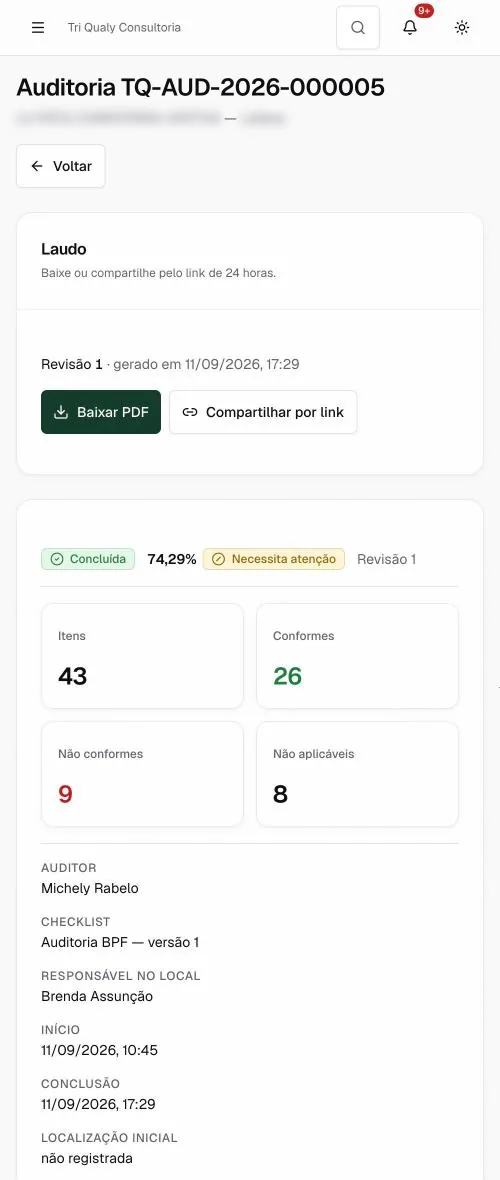 A mesma auditoria aberta no celular